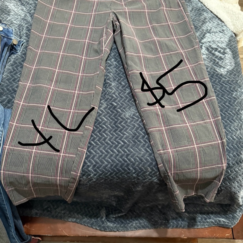 Purple and Pink Plaid Trousers with Embroidered Design